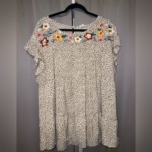 Leopard /embroidered babydoll blouse